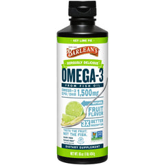 Barlean's Omega-3 liquid bottle showcasing Key Lime Pie flavor for daily brain and heart support