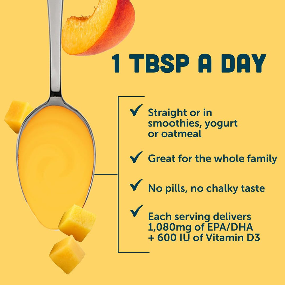 Barlean's Omega 3 Mango Peach poured over yogurt for a tasty boost.