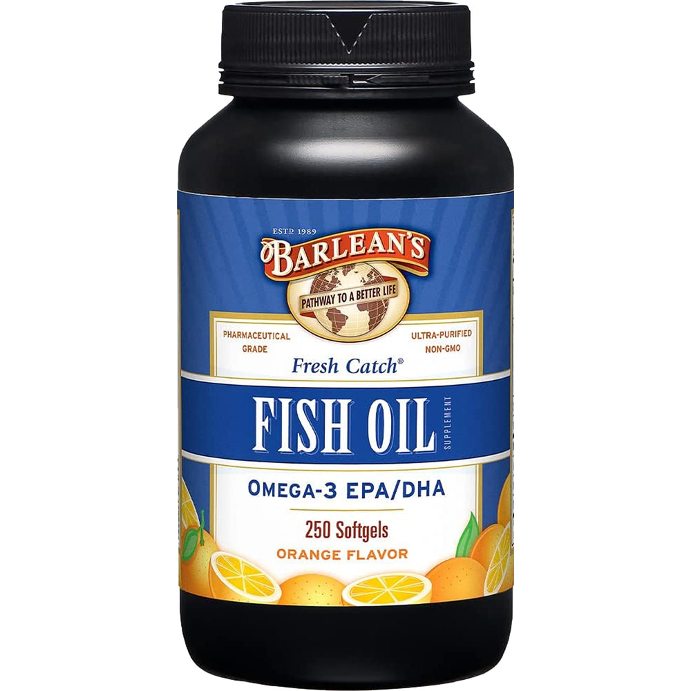 Barlean's Omega-3 orange-flavored softgels bottle for convenient daily supplementation with potential heart support
