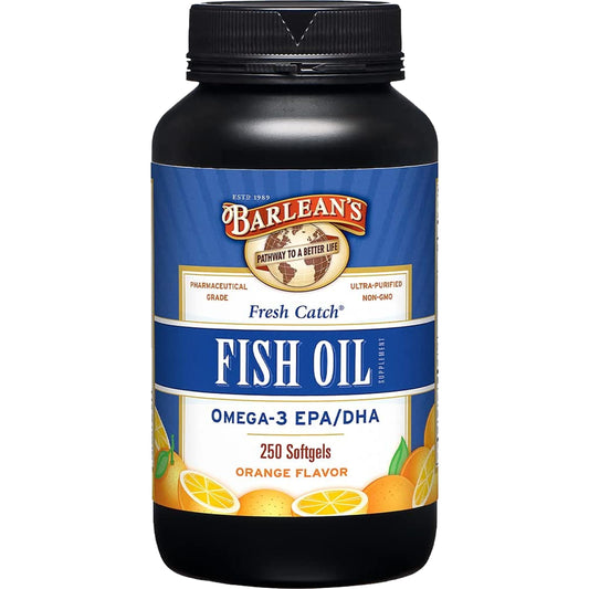 Barlean's Omega-3 orange-flavored softgels bottle for convenient daily supplementation with potential heart support