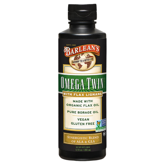 Barlean's Omega Twin bottle front showing flaxseed and borage oil blend for daily nutrition