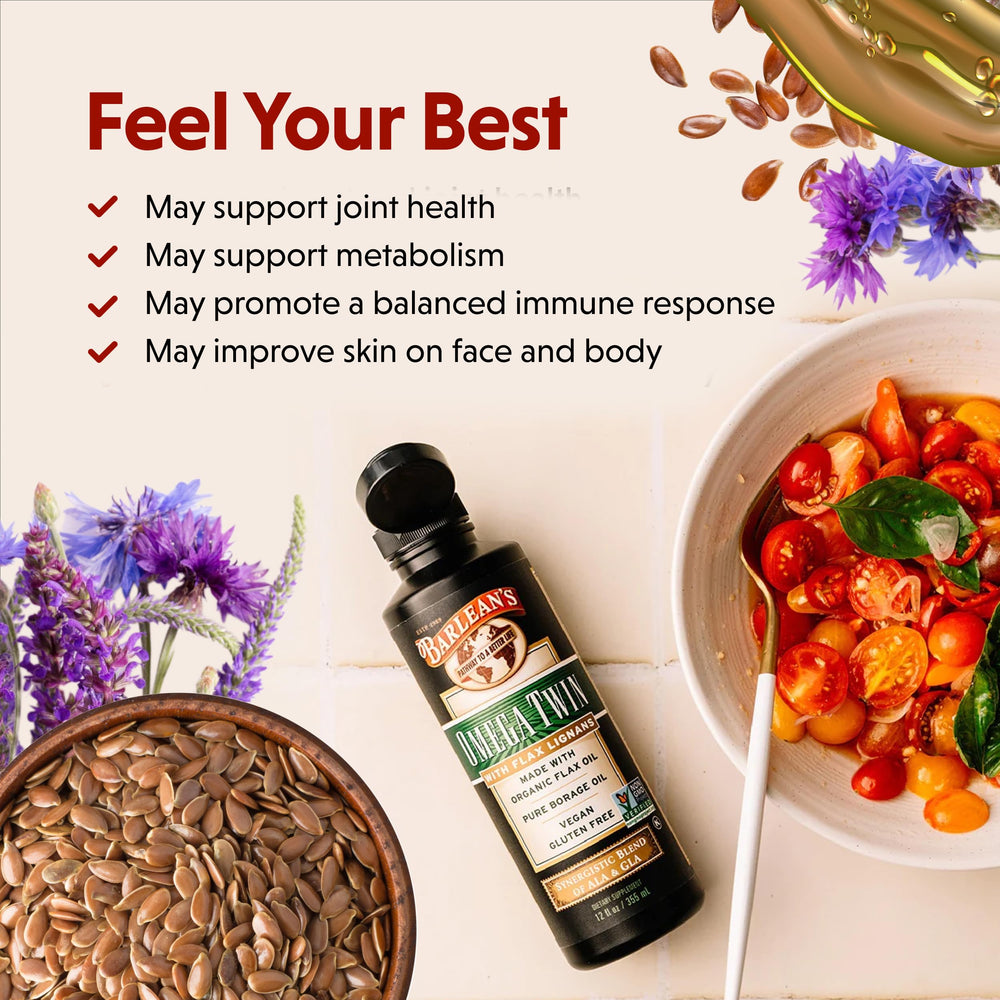 Barlean's Omega Twin ingredients image featuring flaxseed and borage sources