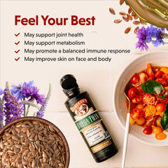 Barlean's Omega Twin ingredients image featuring flaxseed and borage sources