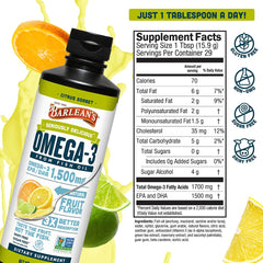 Barlean's Omega 3 liquid with dairy-free and sugar-free formula supports simple daily intake.