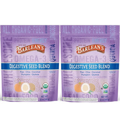 Barlean's Organic Digestive Seed Blend bottle showing omega-3 and fiber benefits.