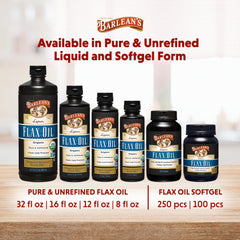 Barlean's Organic Lignan flaxseed oil label highlights non-GMO and vegan ingredients.