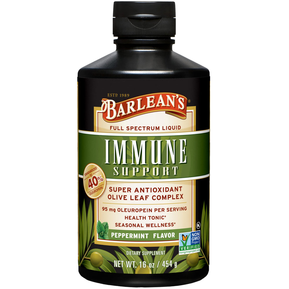 Barlean's Peppermint Olive Leaf Liquid bottle pour for easy daily immune support