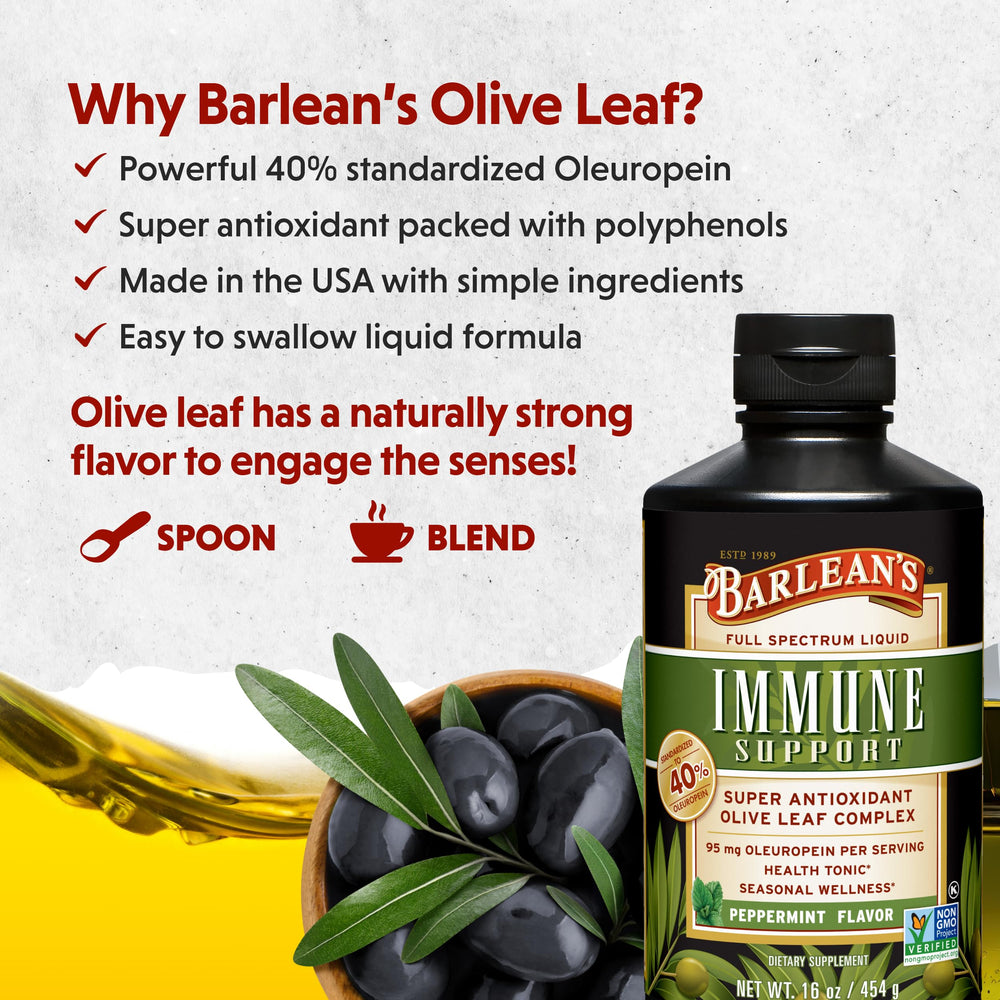 Barlean's Peppermint Olive Leaf Liquid label closeup highlights oleuropein