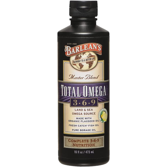 Barlean's Total Omega 3-6-9 bottle shown for daily omega support.