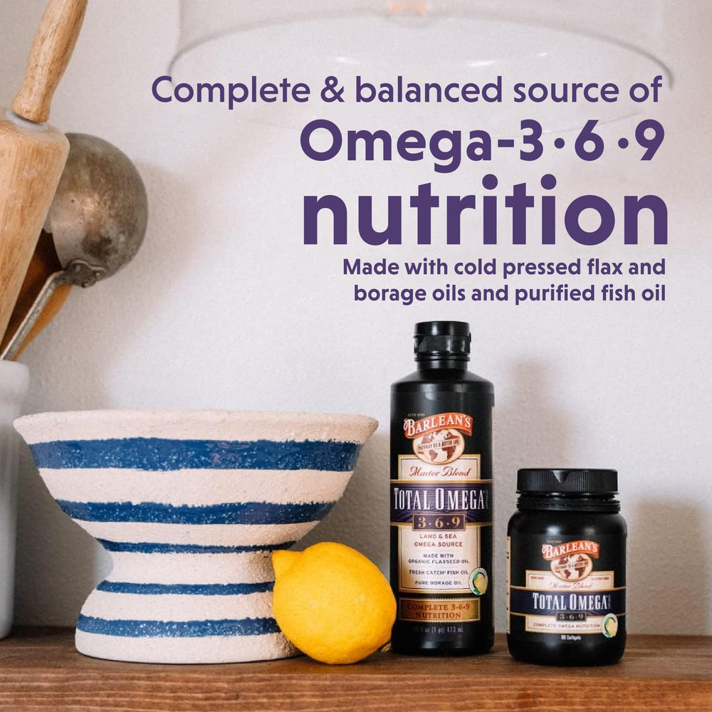 Barlean's Total Omega 3-6-9 refrigerated after opening for freshness.