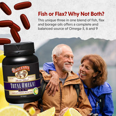 Barlean's Total Omega softgels front label displays key omega information.