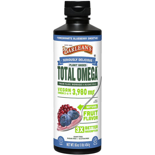 Barlean's bottle shows the vegan omega blend for daily wellness.