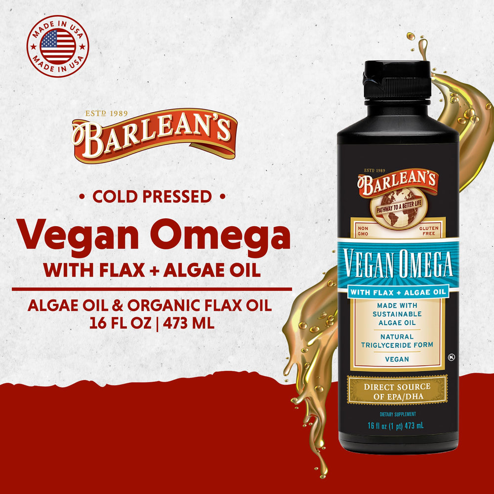 Barlean's Vegan Omega oil over a salad dressing shows versatile meal use.