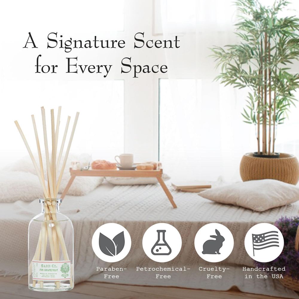Barr-Co Fir & Grapefruit diffuser reeds saturate for extended aroma diffusion.