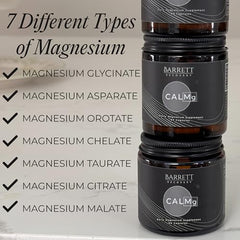 Barrett Recovery CALMg bottle side label highlighting seven magnesium types.