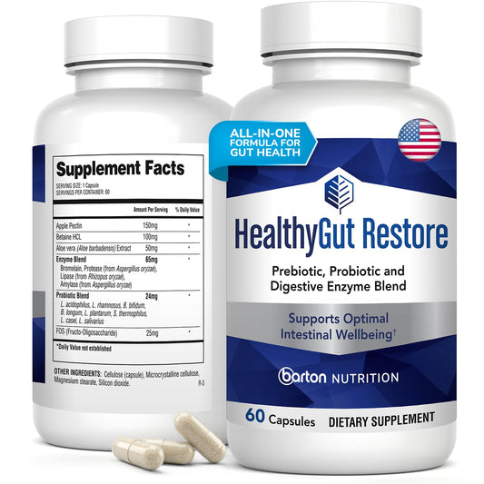 Barton Nutrition Healthy Gut Restore bottle illustrating complete gut support for daily comfort