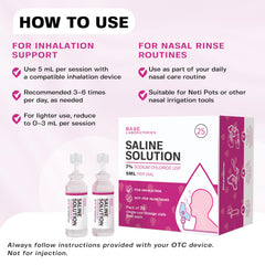 BASE LABORATORIES 7% saline nasal inhaler usage step-by-step visual.