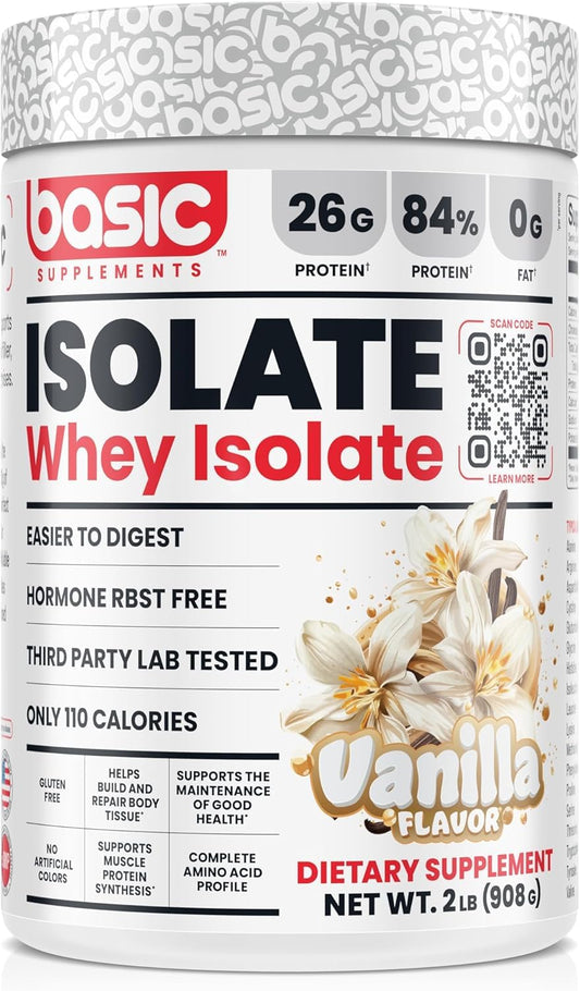 Basic Supplements Whey Protein Isolate bottle shows 26g protein per serving for muscle support daily