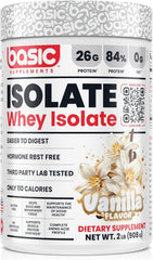 Basic Supplements Whey Protein Isolate bottle shows 26g protein per serving for muscle support daily