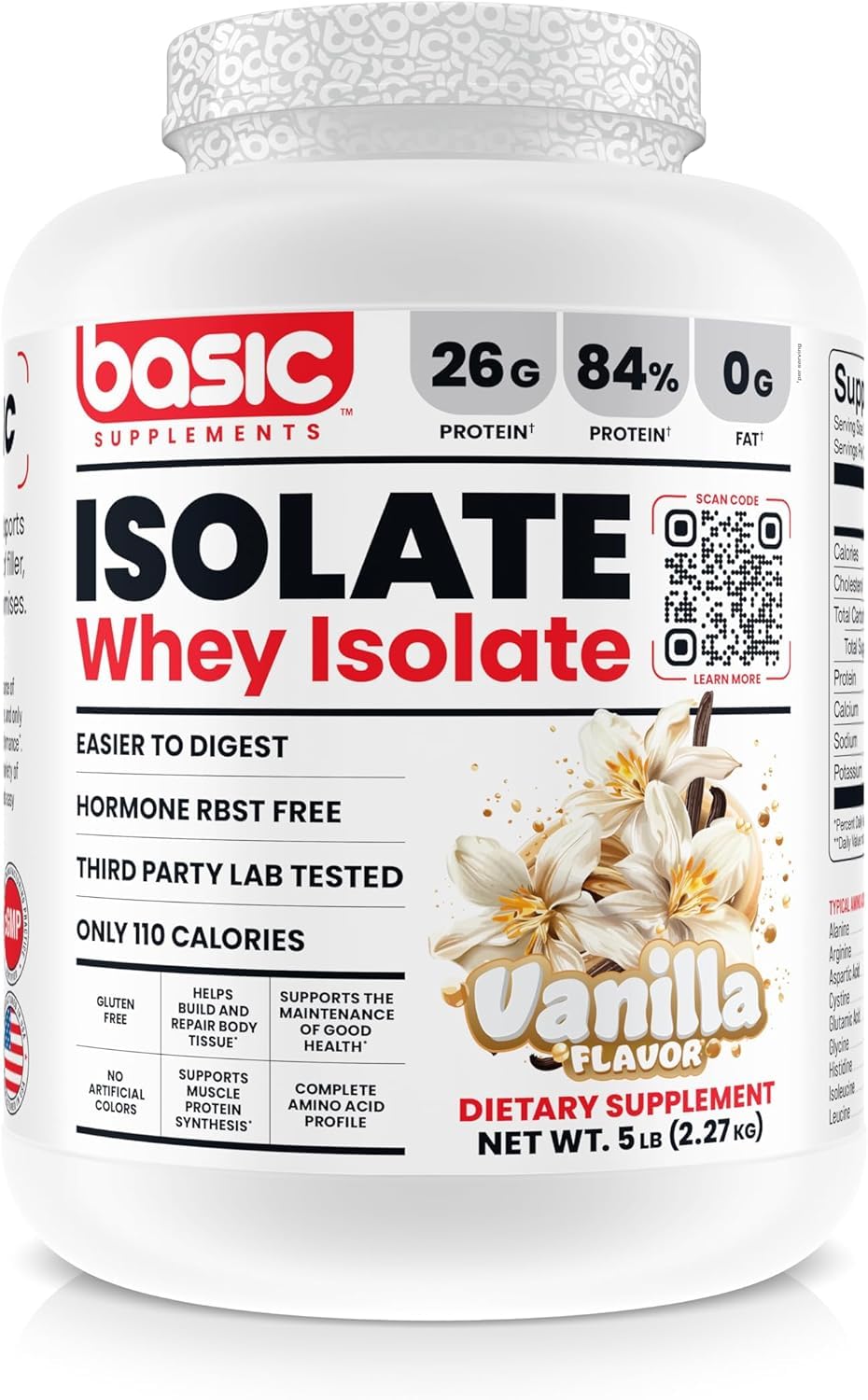 Basic Supplements basic whey protein isolate label shows 26g protein per serving.