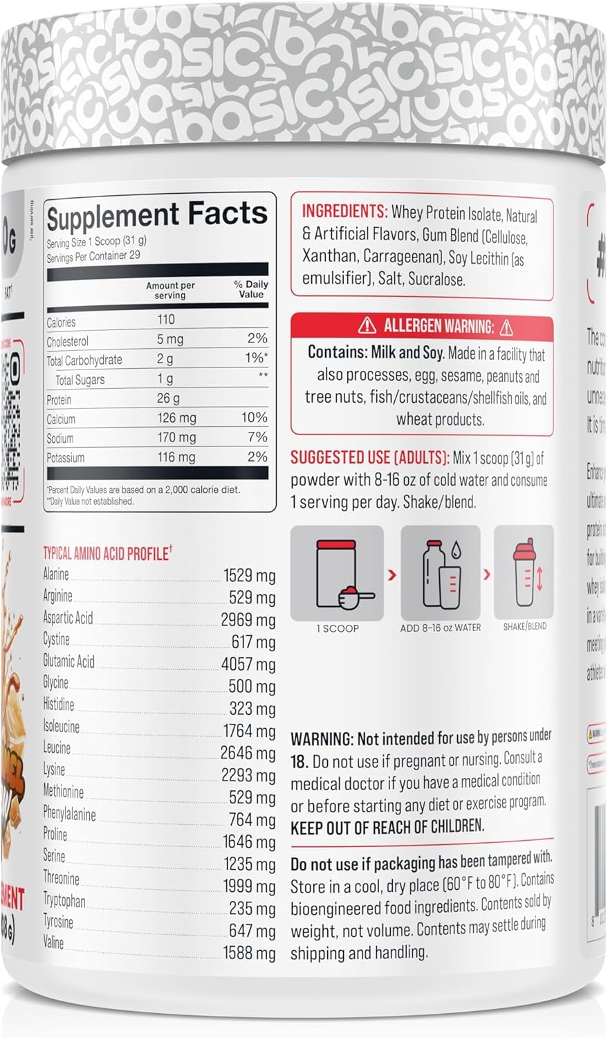 Basic Supplements Whey Protein Isolate scoop showcasing 26g protein per serving.
