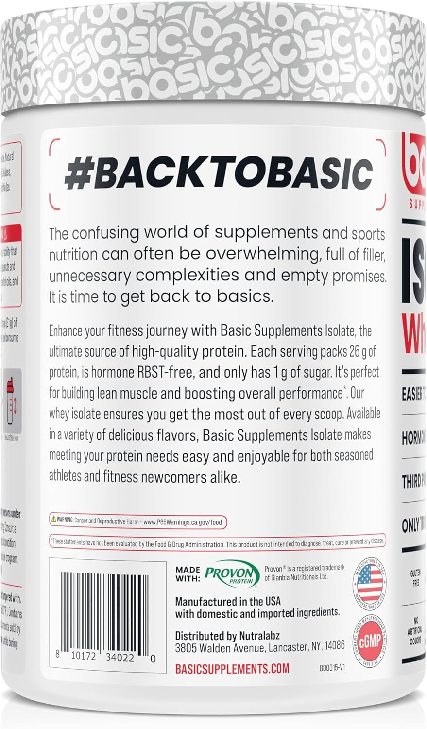 Basic Supplements Whey Protein Isolate tub label showing Gluten-Free and RBST-Free.