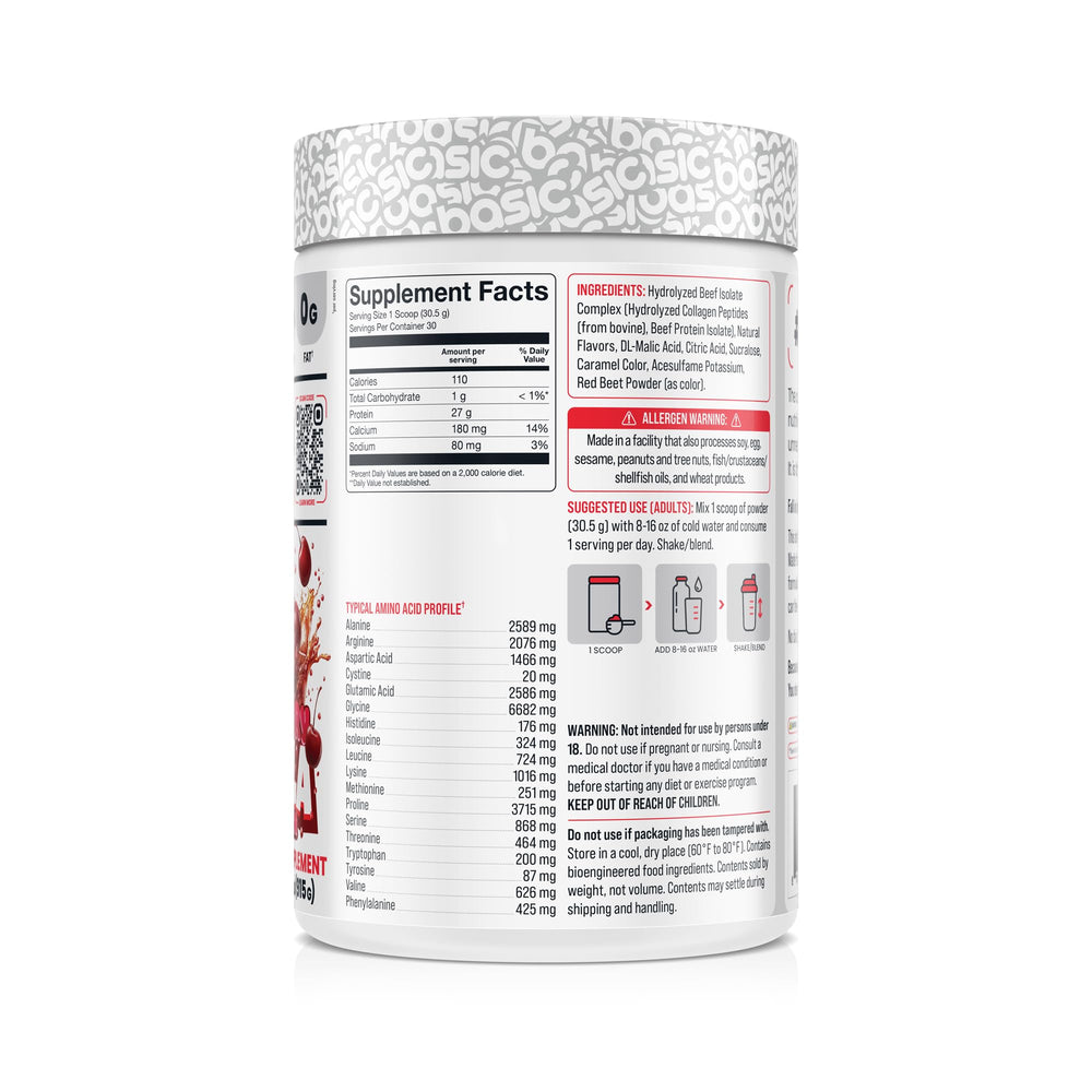 Basic Supplements beef isolate ingredients label highlighting nine essential amino acids.