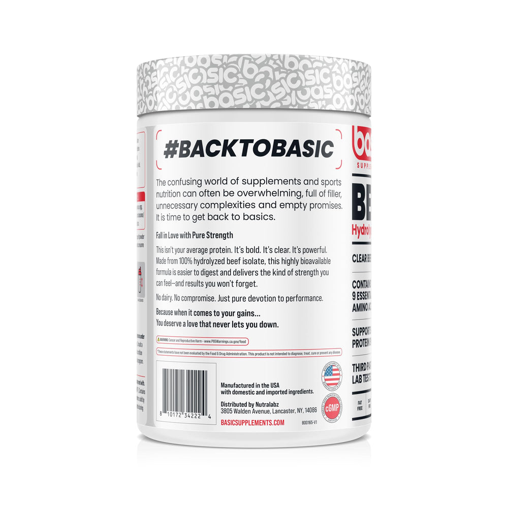 Basic Supplements hydrolyzed beef isolate nutrition label closeup with amino acid details