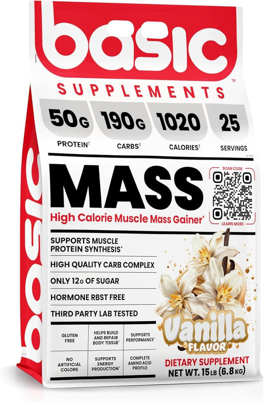 Basic Supplements Mass Gainer bottle front, protein-packed option for workouts
