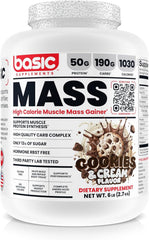 BASIC SUPPLEMENTS Mass Gainer bottle label highlights 50g protein and 1030 calories per serving