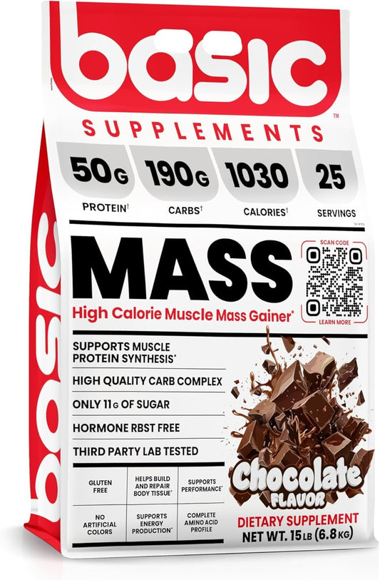 Basic Supplements Mass Gainer bottle emphasizing protein-rich formula for muscle growth support.