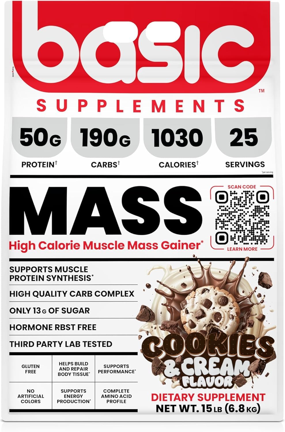 BASIC SUPPLEMENTS Mass Gainer protein powder scoop highlights the high protein content.