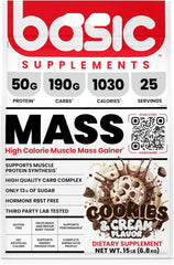 BASIC SUPPLEMENTS Mass Gainer protein powder scoop highlights the high protein content.