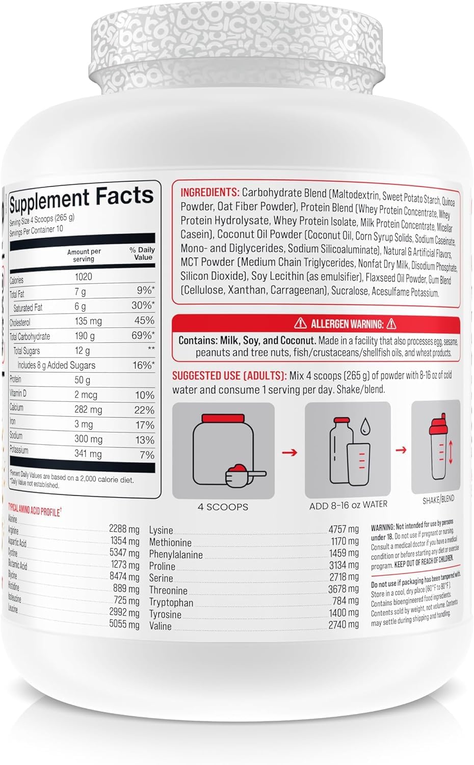 BASIC SUPPLEMENTS Mass Gainer scoop shows 50 g protein per serving for muscle support.