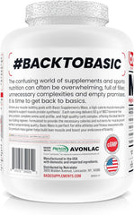 BASIC SUPPLEMENTS Mass Gainer scoop beside the jar for easy measured servings