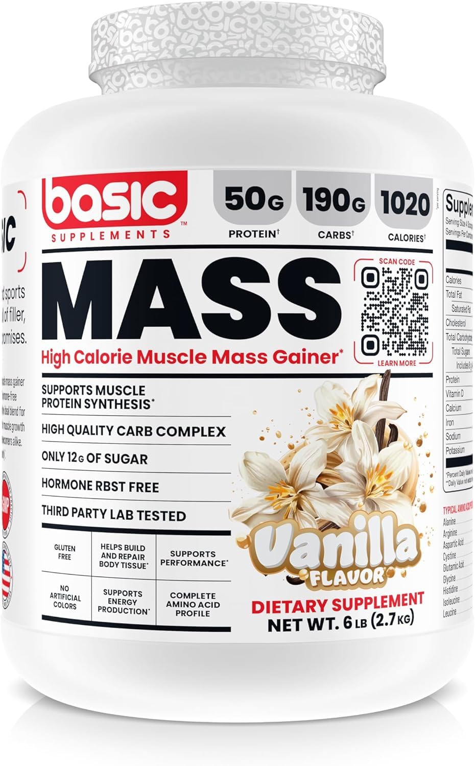 BASIC SUPPLEMENTS Mass Gainer tub label highlights high-calorie formula for bulking.