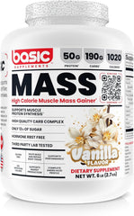 BASIC SUPPLEMENTS Mass Gainer tub label highlights high-calorie formula for bulking.