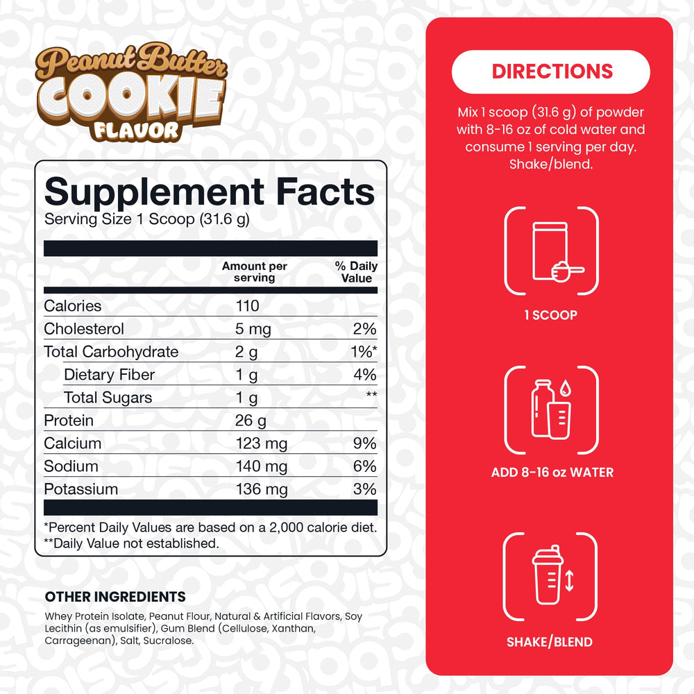 BASIC SUPPLEMENTS Whey Isolate peanut butter cookie label confirms gluten-free and RBST-free quality.