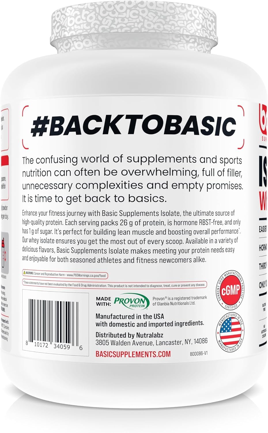 Basic Supplements Basic Whey Protein Isolate bottle label shows 26g protein per serving