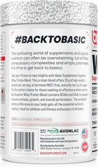 Basic Supplements Whey Protein Powder pouring into a shaker for convenient post-workout use.