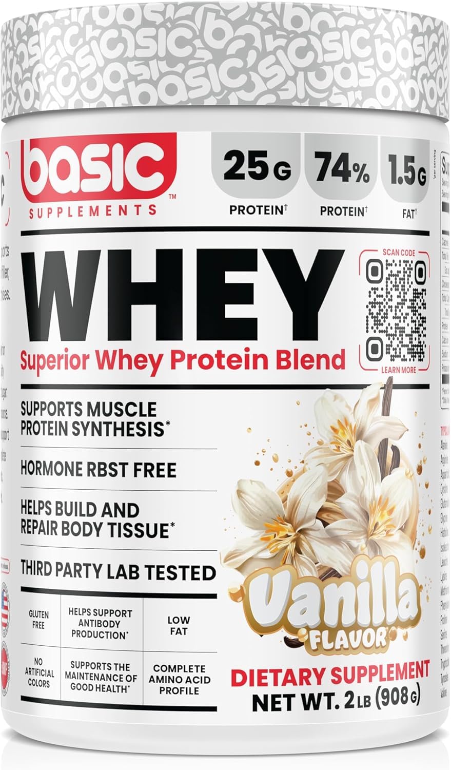 Basic Supplements Whey Protein Powder tub label shows complete amino acid profile.
