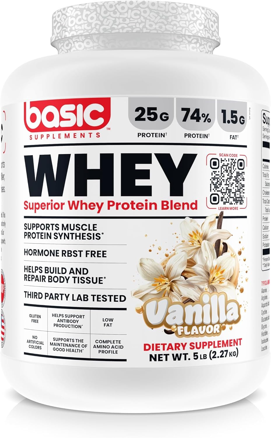 BASIC SUPPLEMENTS Whey Protein Powder tub front showcases 25g protein per serving for muscle support.