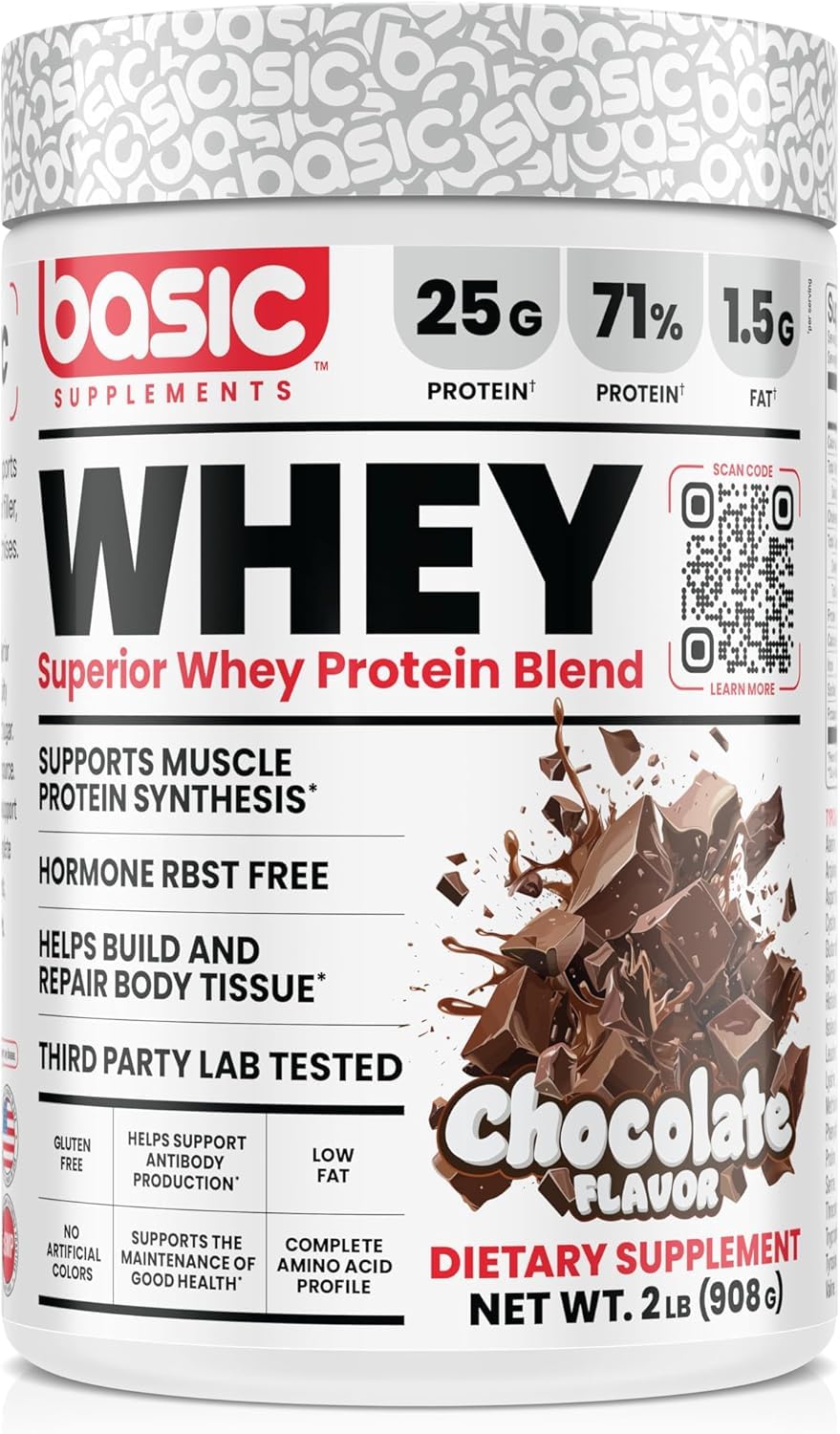 Basic Supplements Whey Protein tub front shows a high-protein formula for workouts.