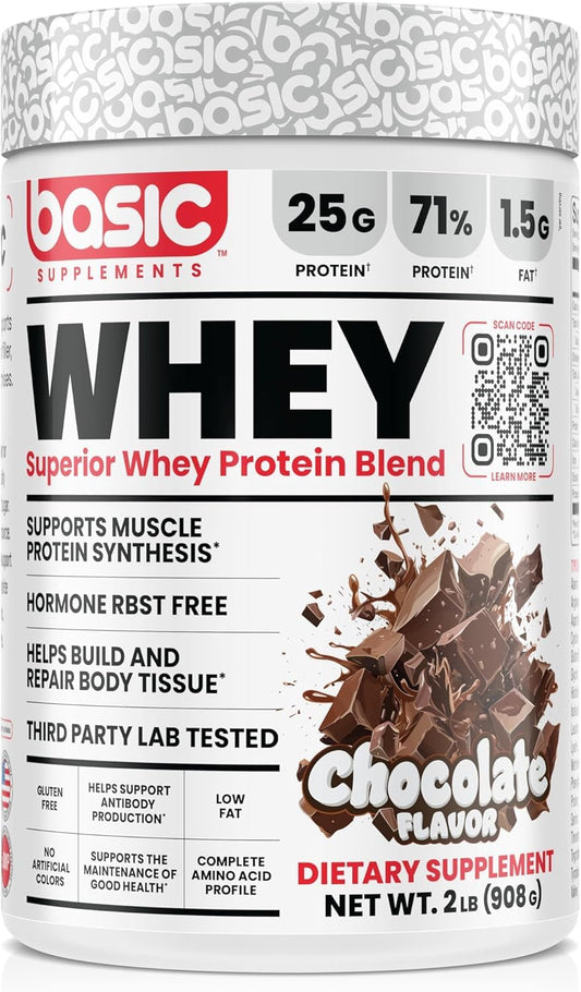 Basic Supplements Whey Protein tub front shows a high-protein formula for workouts.