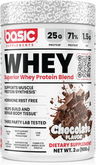 Basic Supplements Whey Protein tub front shows a high-protein formula for workouts.