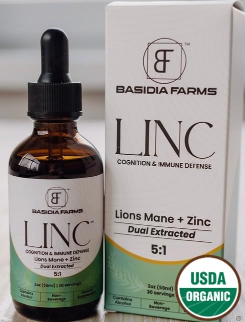 Basidia Farms LINC tincture bottle with dual-extracted Lions Mane for mental clarity.