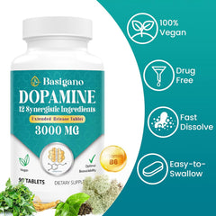 Basigano dopamine supplement tablets close-up in a gluten-free, 90-tablet pack.