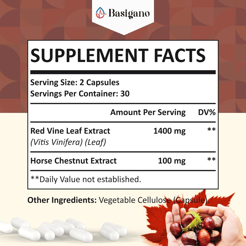 Basigano horse chestnut extract capsules pack highlights vegan, plant-based capsules