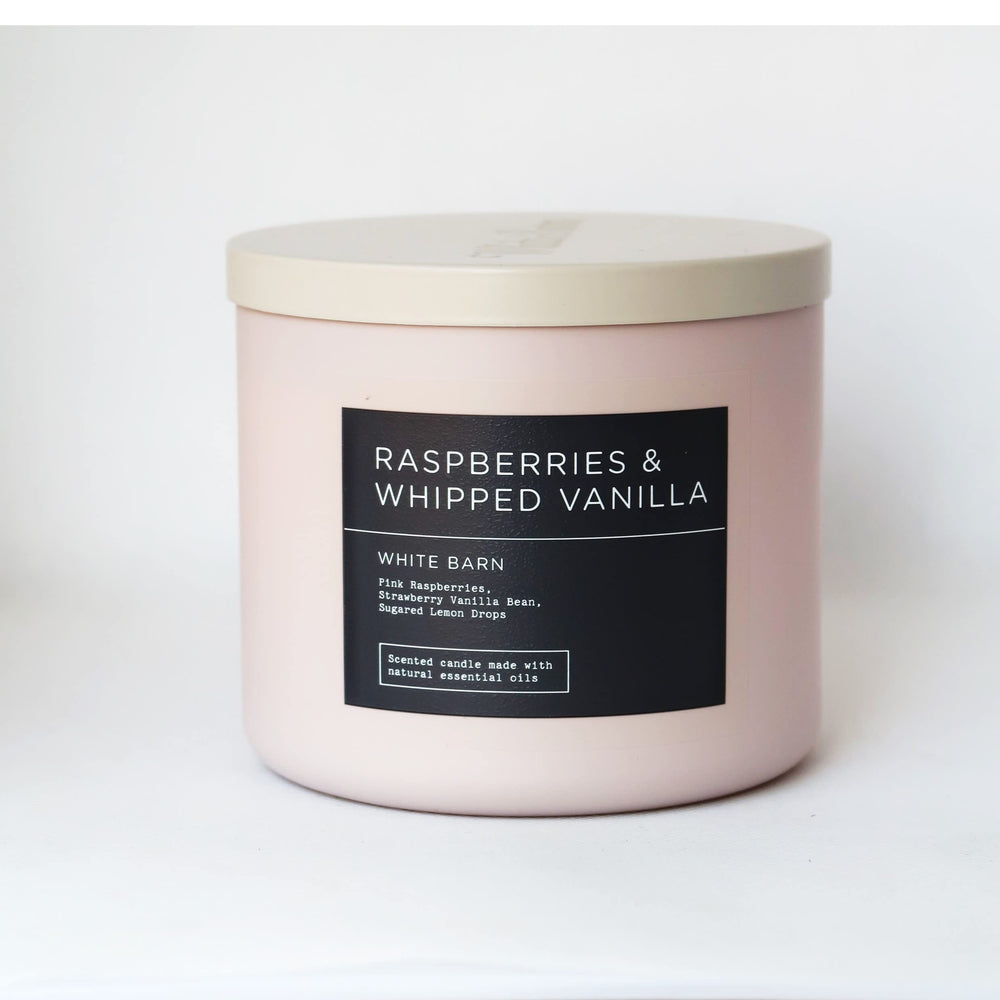 Bath & Body Works White Barn 3-Wick Candle Raspberry focus enhances bright spring ambiance.