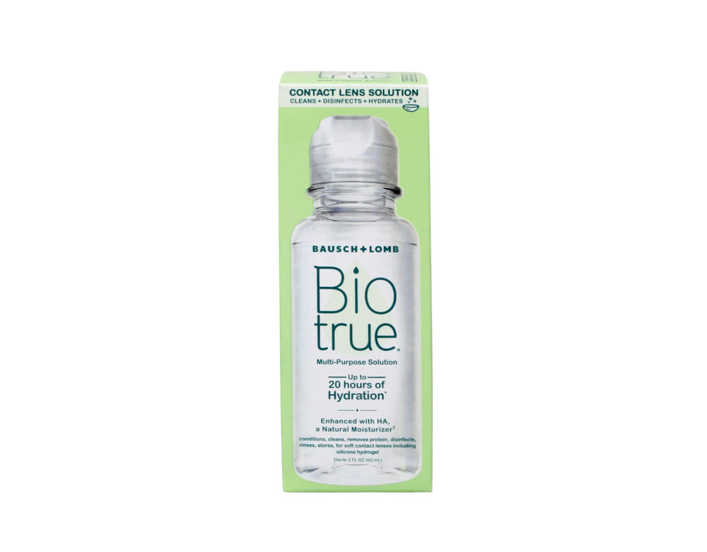 Box packaging shows Biotrue Travel Solution, compact on-the-go care for lenses.